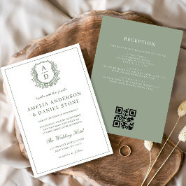 Sage Green Leafy Crest Monogram Wedding QR-code Kaart