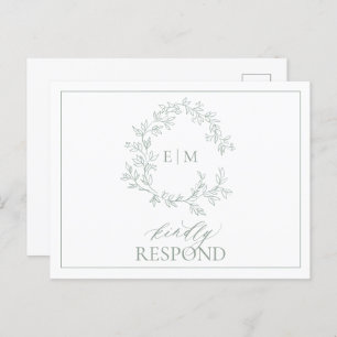 Sage Green Leafy Crest Monogram Wedding RSVP Uitno Uitnodiging Briefkaart