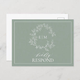 Sage Green Leafy Crest Monogram Wedding RSVP Uitnodiging Briefkaart
