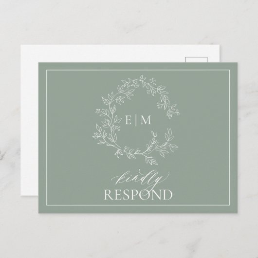 Sage Green Leafy Crest Monogram Wedding RSVP Uitnodiging Briefkaart (Voorkant / Achterkant)