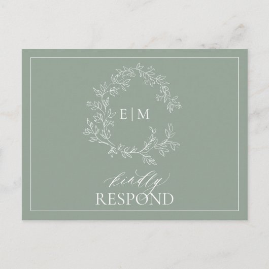 Sage Green Leafy Crest Monogram Wedding RSVP Uitnodiging Briefkaart (Voorkant)