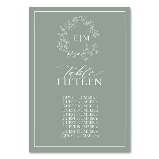 Sage Green Leafy Crest Monogram Wedding Table Numm Kaart (Achterkant)