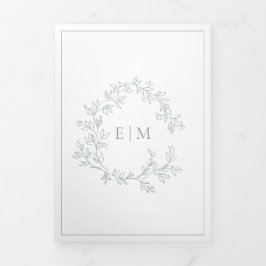 Sage Green Leafy Crest Monogram Wedding Tri-Fold I Drieluik Uitnodiging