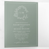 Sage Green Leafy Crest Monogram Wedding Tri-Fold I Drieluik Uitnodiging (Binnenzijde eerst)