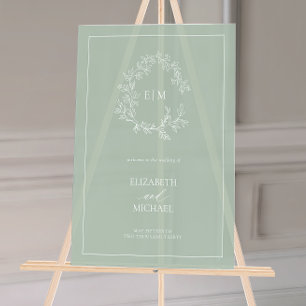 Sage Green Leafy Crest Monogram Welkomstbruiloft Acryl Bord