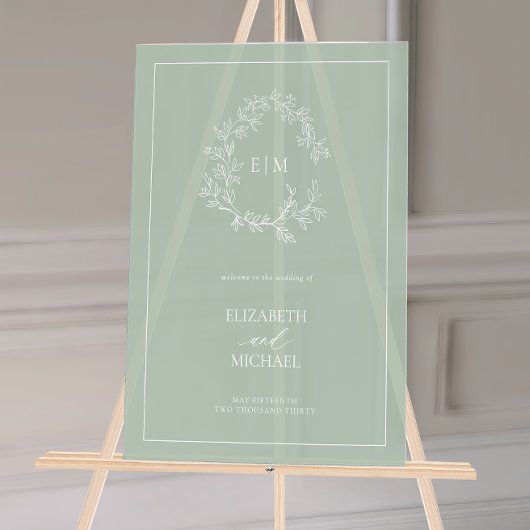 Sage Green Leafy Crest Monogram Welkomstbruiloft Acryl Bord
