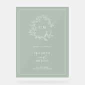 Sage Green Leafy Crest Monogram Welkomstbruiloft Acryl Bord (Voorkant)