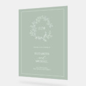 Sage Green Leafy Crest Monogram Welkomstbruiloft Acryl Bord (Hoek)