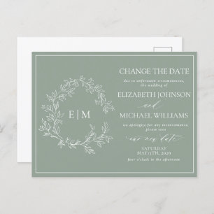 Sage Green Leafy Crest Monogram wijzigt de datum i Uitnodiging Briefkaart