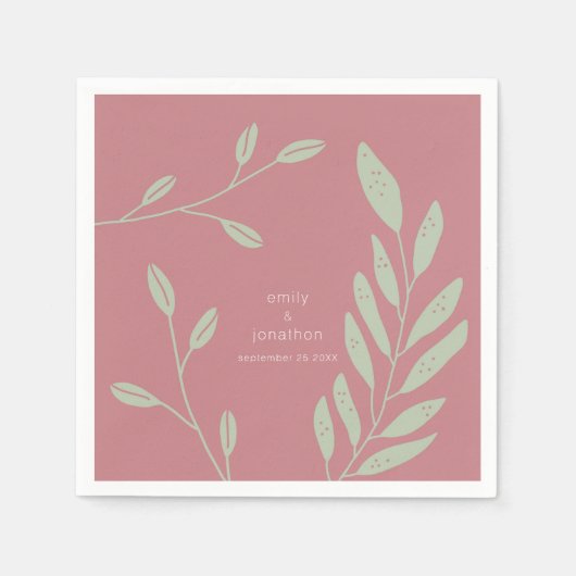 Sage Green Leaves Dusty Roos Namen Datum Bruiloft Servet (Voorkant)