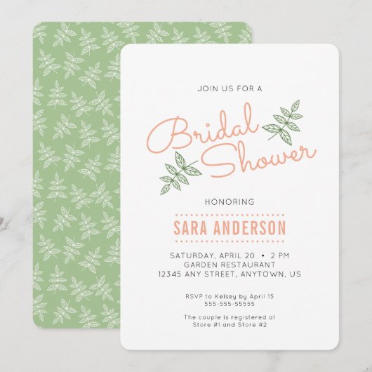 Sage Green Leaves en Coral Vrijgezellenfeest Invit Kaart (Voorkant / Achterkant)