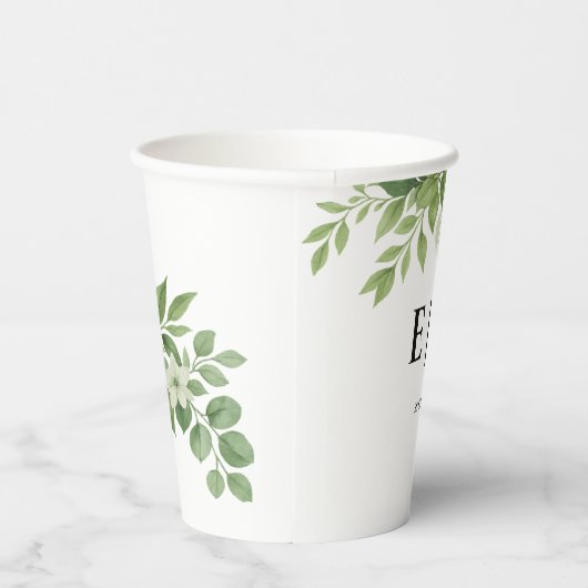 Sage Green Leaves Greenery Monogram Huwelijk Papieren Bekers (Rechts)