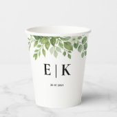 Sage Green Leaves Greenery Monogram Huwelijk Papieren Bekers (Voorkant)