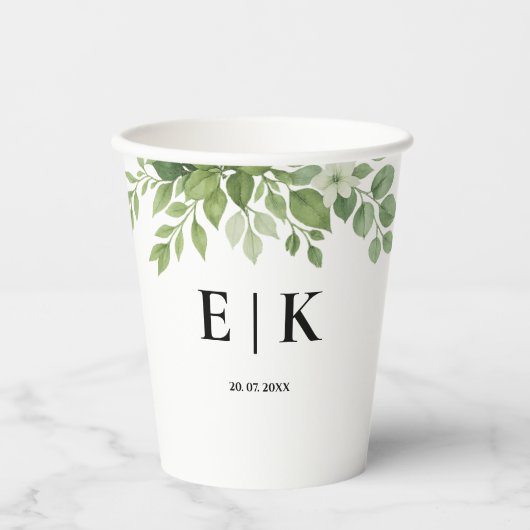Sage Green Leaves Greenery Monogram Huwelijk Papieren Bekers (Voorkant)