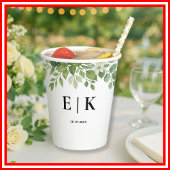 Sage Green Leaves Greenery Monogram Huwelijk Papieren Bekers