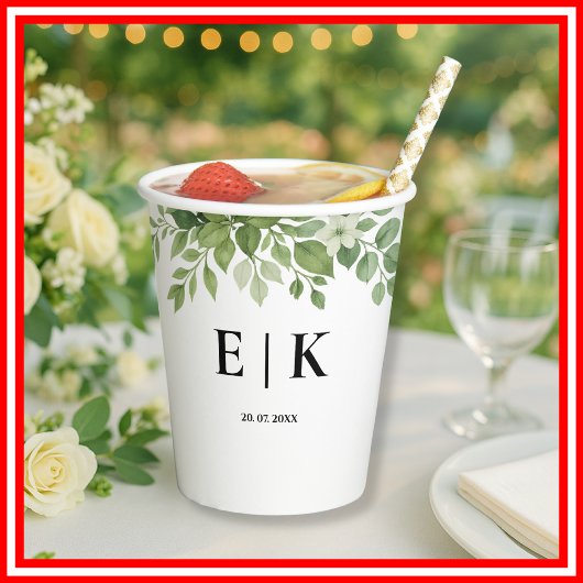 Sage Green Leaves Greenery Monogram Huwelijk Papieren Bekers