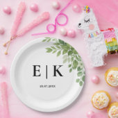 Sage Green Leaves Greenery Monogram Huwelijk Papieren Bordje (Feest)