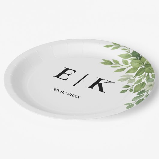 Sage Green Leaves Greenery Monogram Huwelijk Papieren Bordje (Gekanteld)