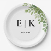 Sage Green Leaves Greenery Monogram Huwelijk Papieren Bordje (Voorkant)