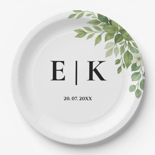Sage Green Leaves Greenery Monogram Huwelijk Papieren Bordje (Voorkant)