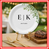 Sage Green Leaves Greenery Monogram Huwelijk Papieren Bordje
