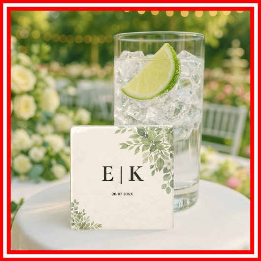 Sage Green Leaves Greenery Monogram Huwelijk Stenen Onderzetter
