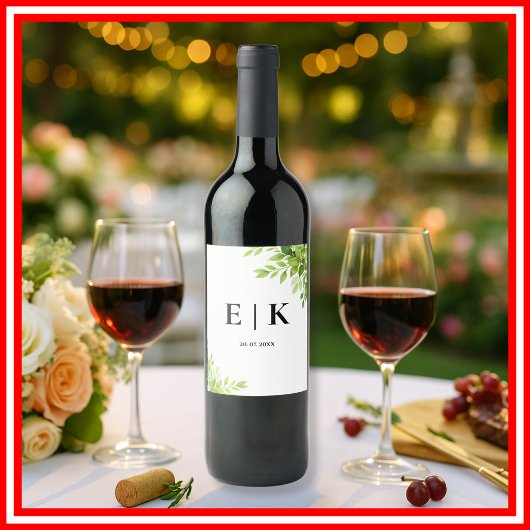 Sage Green Leaves Greenery Monogram Huwelijk Wijn Etiket