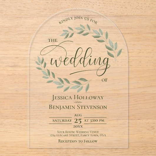Sage Green Leaves of Vines Stijlvolle Script Weddi Acryl Uitnodigingen (Voorkant)