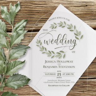 Sage Green Leaves of Vines Stijlvolle Script Weddi Acryl Uitnodigingen