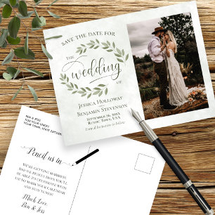Sage Green Leaves & Photo Wedding Save the Date Aankondigingskaart
