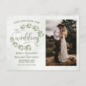 Sage Green Leaves & Photo Wedding Save the Date Aankondigingskaart (Voorkant)