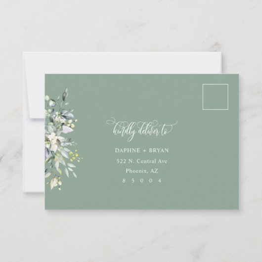 Sage Green Leaves Response Kaart 4 maaltijdkeuze (Achterkant)