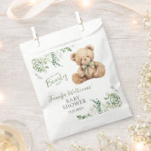 Sage Green Leaves Teddy Bear Bow Baby Boy Shower Bedankzakje (Geknipt)