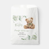 Sage Green Leaves Teddy Bear Bow Baby Boy Shower Bedankzakje (Voorkant)