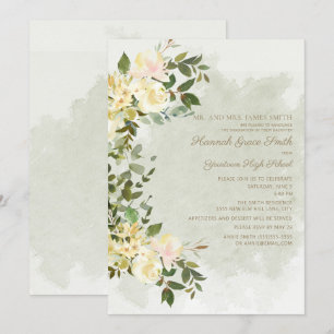 Sage Green Leaves White Floral Graduation Party Kaart