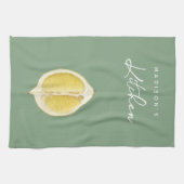 Sage Green & Lemon Script Cooking Custom Name Theedoek (Horizontaal)