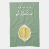 Sage Green & Lemon Script Cooking Custom Name Theedoek (Verticaal)