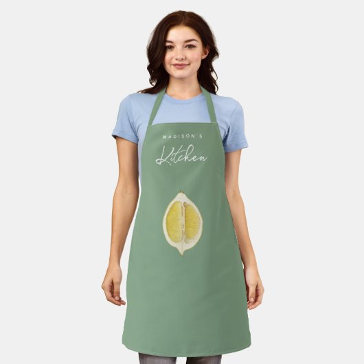 Sage Green & Lemon Script Cooking Kitchen Schort (Gedragen)