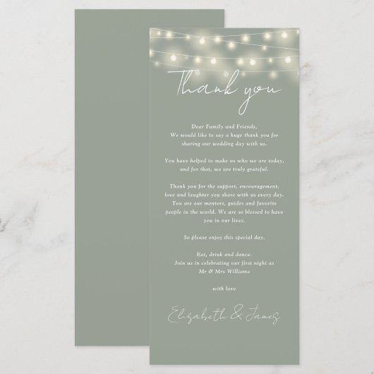 Sage Green Lights Wedding Bedankt Place Card Menu (Voorkant / Achterkant)