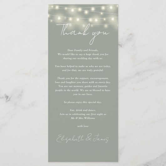 Sage Green Lights Wedding Bedankt Place Card Menu (Voorkant)