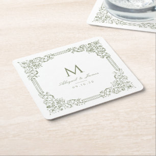 Sage Green  Lijst Elegant bruiloft Monogram Kartonnen Onderzetters