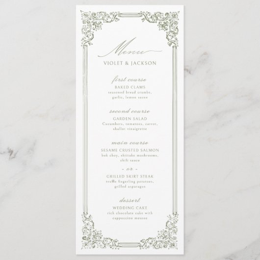 Sage Green Lijst Elegant Script Wedding Menu (Voorkant)