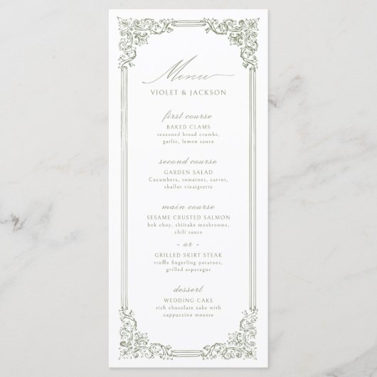 Sage Green Lijst Elegant Script Wedding Menu (Voorkant)