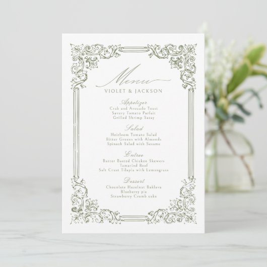 Sage Green Lijst Elegant Script Wedding Menu (Staand voorkant)
