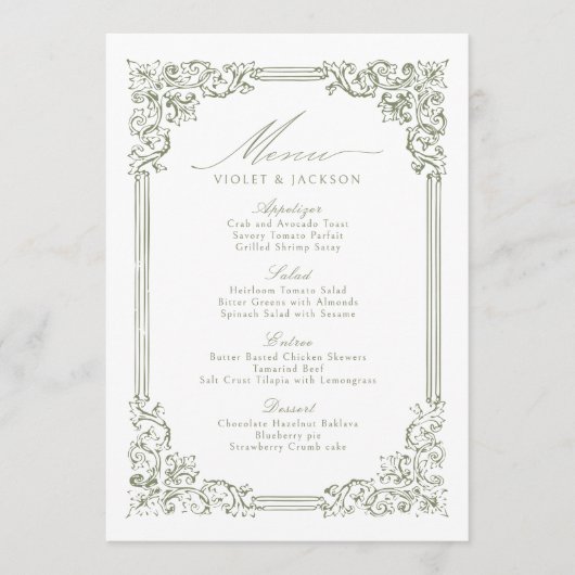Sage Green Lijst Elegant Script Wedding Menu (Voorkant)