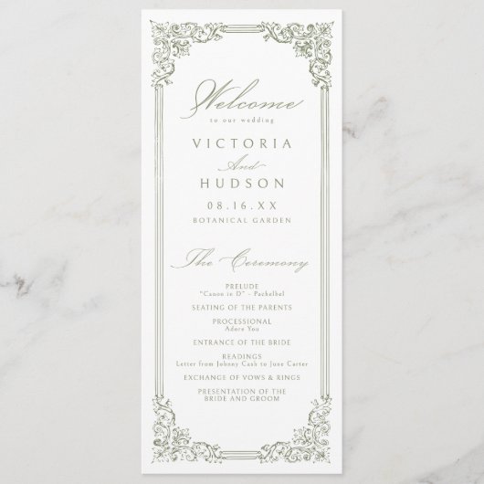 Sage Green Lijst Elegant Script Wedding Programmakaart (Voorkant)