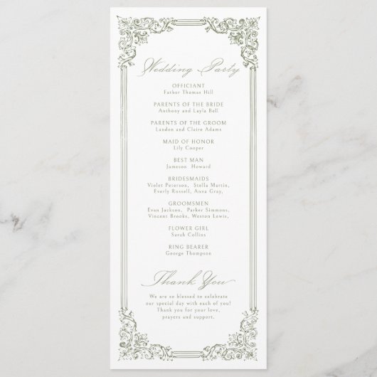 Sage Green Lijst Elegant Script Wedding Programmakaart (Achterkant)