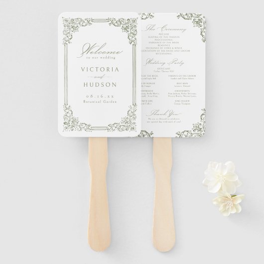 Sage Green Lijst Elegant Trouwprogramma Handwaaier (Voorkant en achterkant)