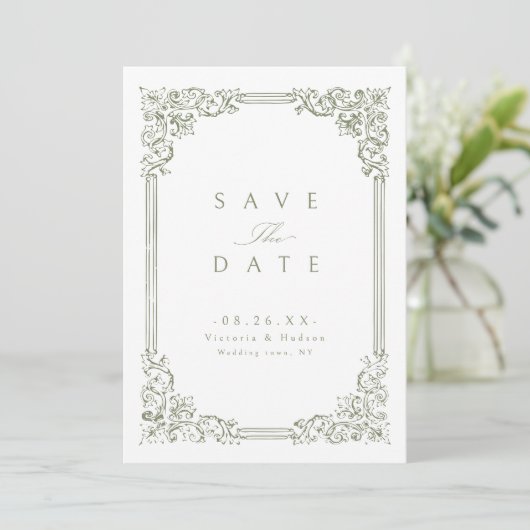 Sage Green Lijst Elegante bruiloft Save The Date (Staand voorkant)