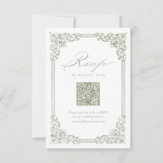 Sage Green Lijst Elegante QR Code Huwelijk RSVP Kaartje (Voorkant)